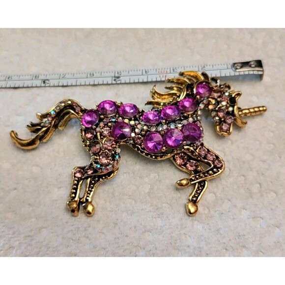 Purple Rhinestone Unicorn Brooch/Pendant 3.25" Wide X 2" Long - Picture 3 of 4